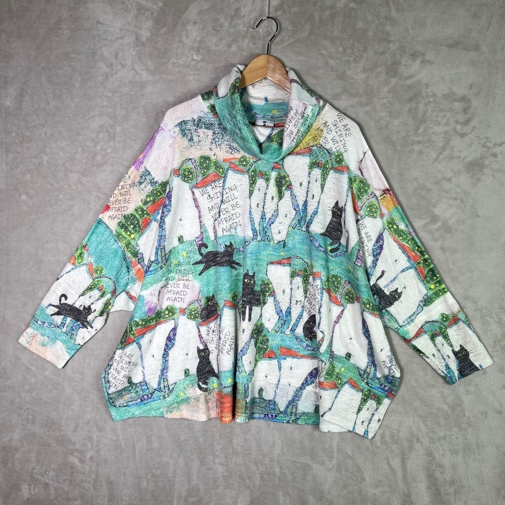 Inoah Sweater OS Cowl Neck Cats All Over Print Long Sleeve Artsy Art to Wear